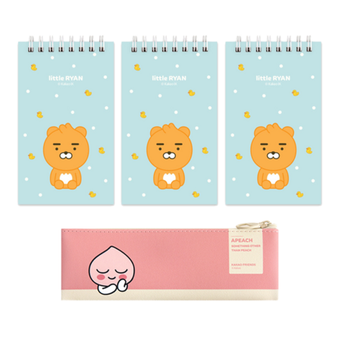 카카오프렌즈 모던스타일미니 플랫 펜슬케이스 + 상철 스프링수첩 3p, 핑크(펜슬케이스), 리틀라이언(수첩), 1세트