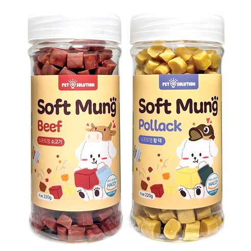 펫솔루션 강아지 소프트멍 수제져키 간식 220g x 2종 세트, 1세트, 소고기, 황태