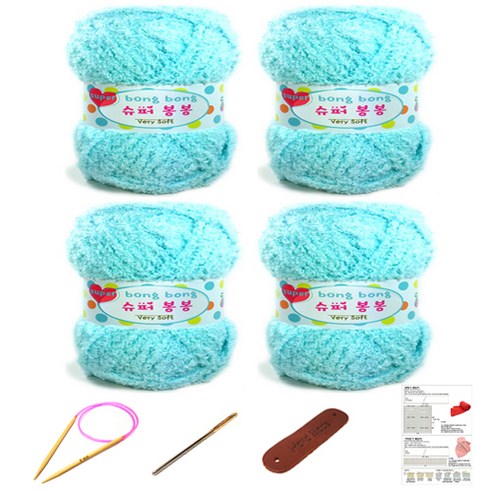 행복뜨기 슈퍼봉봉 뜨개실 4p + 줄바늘 4.5mm + 돗바늘 + 라벨 + 4종 목도리도안 세트, 1세트, 민트