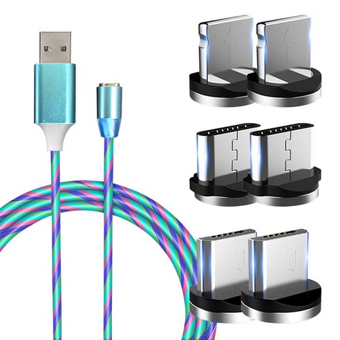 헬로리빙 LED 자석 충전케이블 + 커넥터 6p 세트, 블루(케이블), 혼합색상(커넥터), 1세트