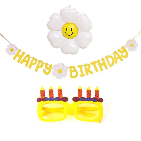 JOYPARTY 데이지생일가랜드 + 풍선 소형 + 생일촛불 안경 세트, 옐로우(안경), 1세트