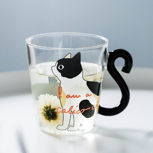 블랙꼬리 유니크 고양이 유리컵 300ml CM093, 화이트, 1개