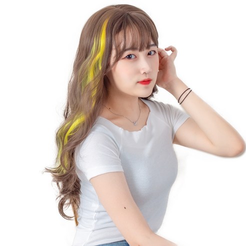 가발위드 단색 웨이브 컬러 포인트 피스 5p + 트윙클 붙임머리 세트, 옐로우(컬러피스), 랜덤발송(붙임머리), 1세트