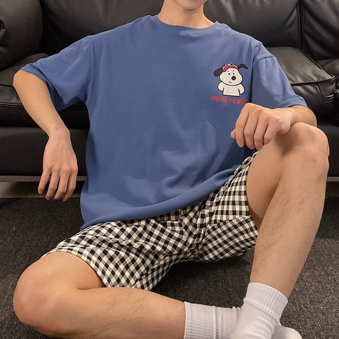 세컨핑크 남성용 더보이 반팔 티셔츠 + 패턴 반바지 잠옷 세트