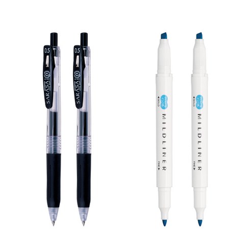 제브라 마일드라이너 마카 2p + 사라사 클립 볼펜 0.5mm 2p 세트, 시안(마일드라이너), 검정(볼펜), 1세트