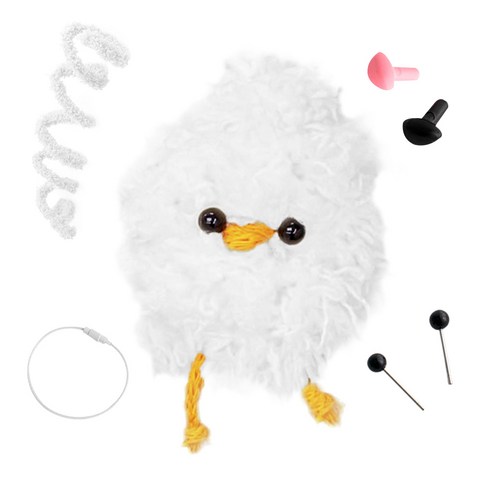 yarna 철사인형 + 핀타입 인형눈 4mm x 2p + 컬러미니삼각코 2종 + 컬러와이어링 모루 뽀글이 짹짹이 인형 만들기 세트, 1세트, 화이트 + 화이트 + 블랙 + 핑크