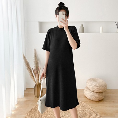 솔리드 컬러 캐주얼 반팔 데일리 롱 임산부 원피스