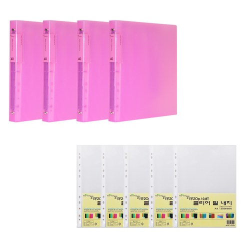 에코청운 링클리어파일 A4 40매 x 4p + 리필 속지 0.8mm 100매 세트, 핑크, 1세트