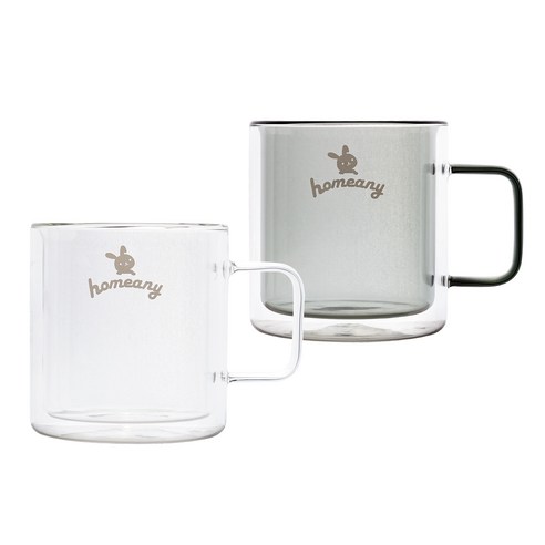 홈애니 컬러 이중 내열 유리컵 380ml, 화이트 + 투명, 그레이, 2개