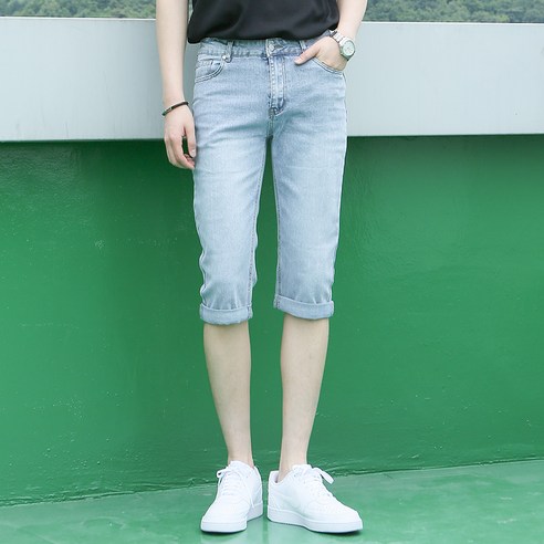 블루포스 남성용 코어 엠치크 슬림 7부 스판 롤업 청반바지