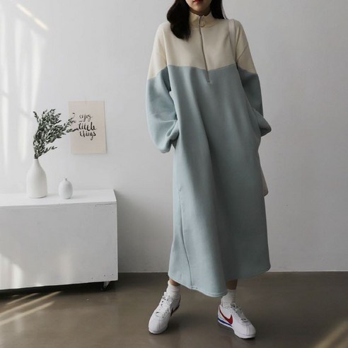 마더라이크 기모 하프지퍼 배색 임부복 원피스