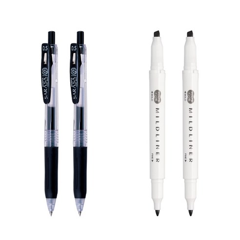제브라 마일드라이너 마카 2p + 사라사 클립 볼펜 0.5mm 2p 세트, 다크그레이(마일드라이너), 검정(볼펜), 1세트