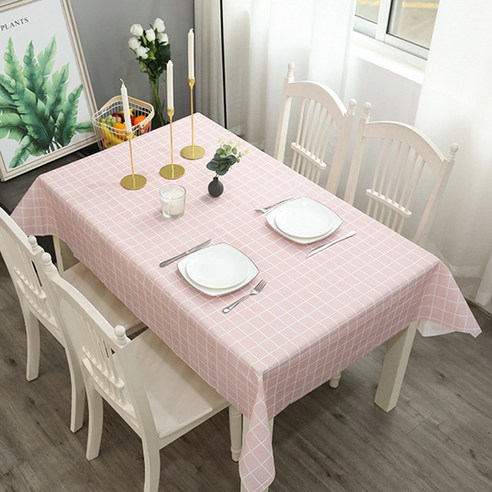 더블제이유 베이직 방수 식탁보, 핑크체크, 137 x 137 cm
