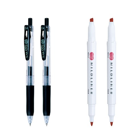 제브라 마일드라이너 마카 2p + 사라사 클립 볼펜 0.4mm 2p 세트, 레드(마일드라이너), 검정(볼펜), 1세트