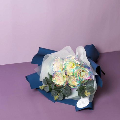 미다운플라워 조화 홀로그램 장미 5송이 꽃다발 + LED 세트