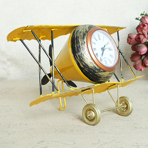 TCR 인테리어 소품 복고풍 비행기 오브제 시계 모형, 노랑