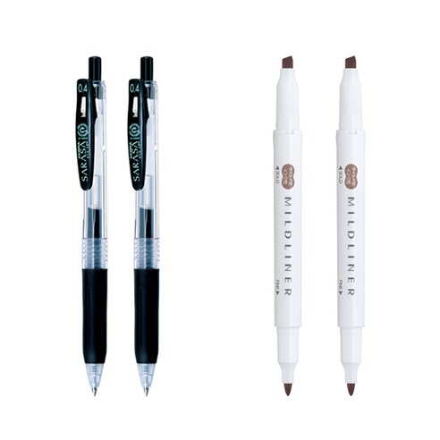 제브라 마일드라이너 마카 2p + 사라사 클립 볼펜 0.4mm 2p 세트, 브라운(마일드라이너), 검정(볼펜), 1세트
