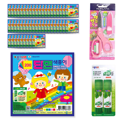 종이나라 200 단면 색종이 5매 x 50p + 고쿠요 SAXA 플라이 캡 가위 핑크 + 나라풀 15g x 2p 세트, 1세트, 5색