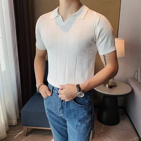 남성용 DM 디에 오픈 브이넥 카라 니트 반팔 티셔츠