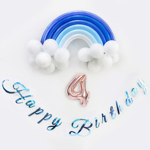 이베이비랜드 무지개 생일 풍선 + 숫자풍선 세트, 블루(무지개풍선), 로즈골드(숫자풍선4), 1세트