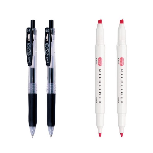 제브라 마일드라이너 마카 2p + 사라사 클립 볼펜 0.5mm 2p 세트, 코랄핑크(마일드라이너), 검정(볼펜), 1세트