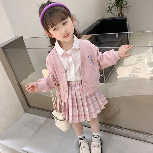 오렌지다몸 여아용 토끼가디건체크치마세트