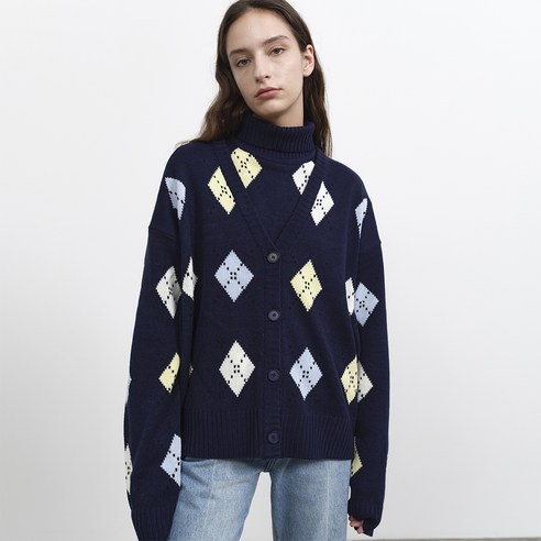 로켓런치 여성용 COLOR ARGYLE KNIT CARDIGAN
