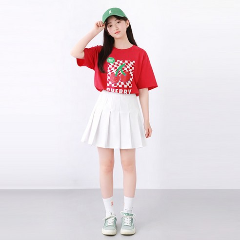 나나주니 라운드넥 빅체리 티셔츠 + 하이틴 스커트 세트