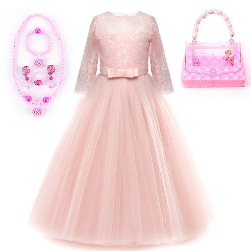 와우키즈 여아용 핑크리본 자수 드레스 + 주얼리 4종 + 공주가방