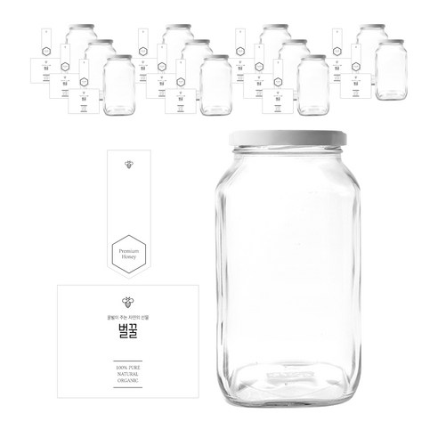 사각유자 꿀병 1500g + 화이트캡 + 심플벌꿀L 스티커 + 봉인스티커 세트, 12세트, 1180ml