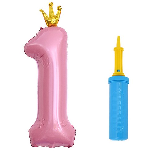 제이벌룬 은박 왕관 숫자풍선 대 1 + 손펌프세트, 핑크(풍선), 색상 랜덤발송(손펌프), 1세트
