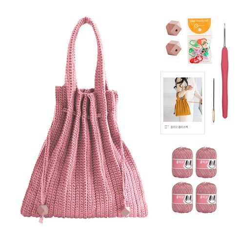 yarna 올리오 단색 플리츠백 DIY 패키지 S, 706 로즈티(뜨개실), 핑크(우드볼), 랜덤발송(단수링), 1세트