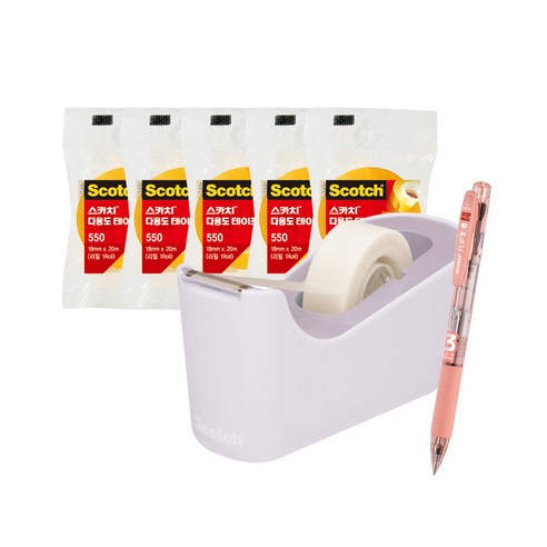 쓰리엠 스카치 탁상용 테이프 디스펜서 C18 + 다용도 테이프 리필 550 18mm x 20m 5p + 모나미 플립 3색 볼펜 0.5mm 세트, 라벤더(디스펜서), Papaya(볼펜), 1세트