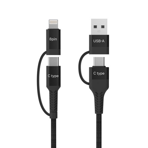 morac 리노 4in1 PD C타입-8핀 멀티 초고속 충전 케이블, 1.5m, 블랙, 1개