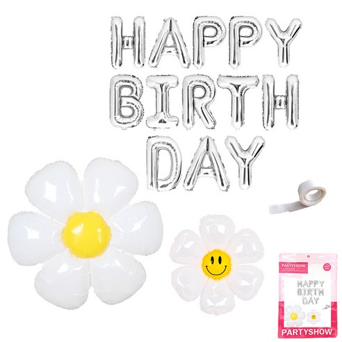 파티쇼 메세지 은박풍선 생일 + 데이지 플라워 소 + 중 + 다용도 글루닷 세트, 실버(생일 풍선), 1세트