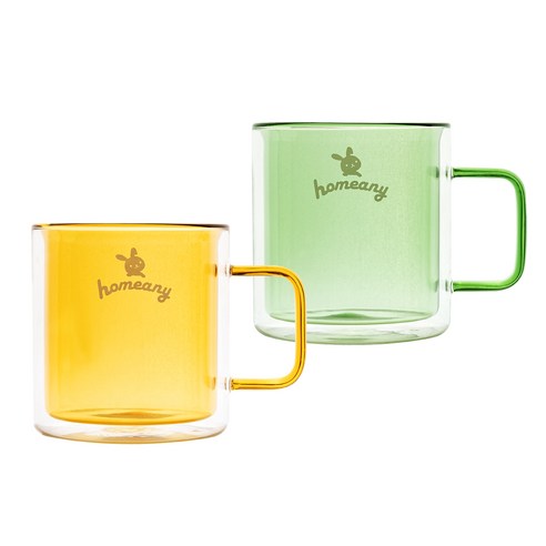 홈애니 컬러 이중 내열 유리컵 380ml, 옐로우, 그린, 2개