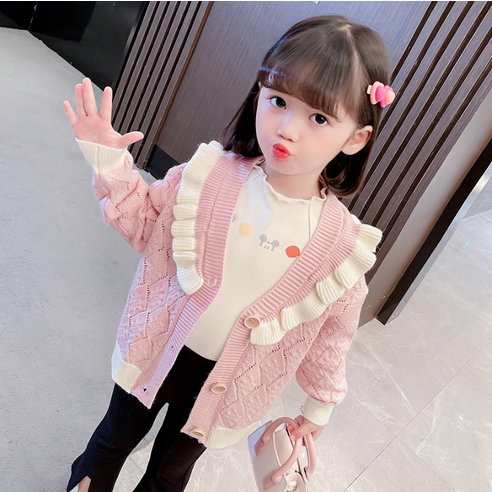 오렌지다몸 여아용 화이트배색 라인 프릴 자수 가디건