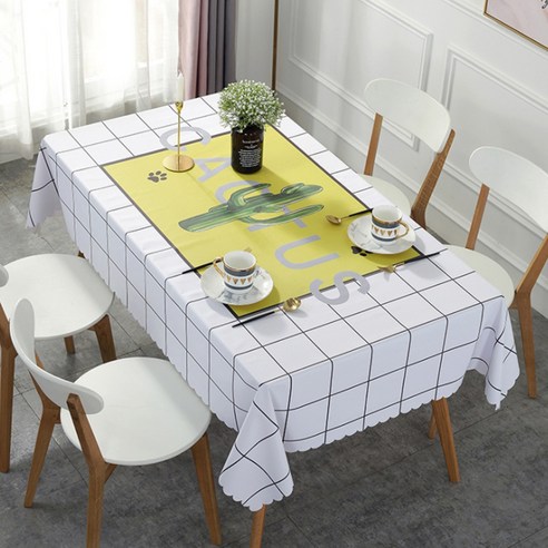 마켓에이 북유럽감성 PVC 가정용 식탁보, 체크무늬 선인장, 137 x 160 cm