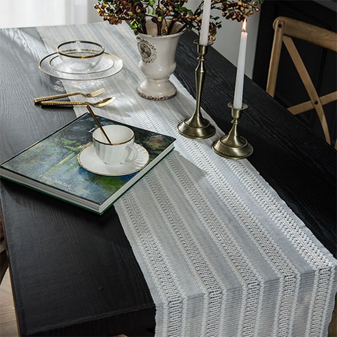 홈플로우 탄탄한 자수 럭셔리 테이블 러너, 화이트, 35 x 200 cm