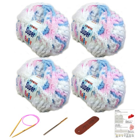 행복뜨기 슈퍼베이비 뜨개실 4p + 바늘 6mm + 돗바늘 + 가죽 라벨 + 목도리 도안 세트, 1세트, 하늘분홍