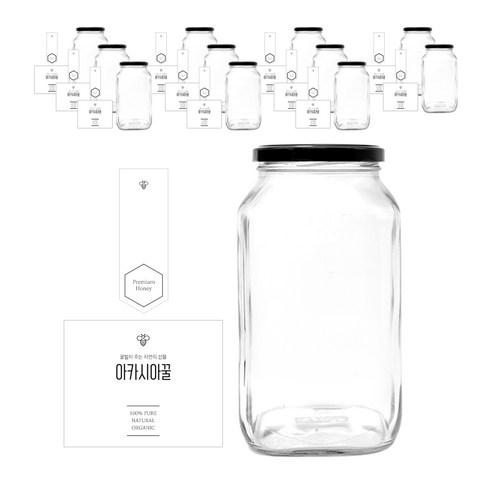 사각유자 꿀병 1180ml + 러그캡 블랙 + 병스티커 심플 아카시아꿀 L + 심플허니봉인A 스티커, 12세트