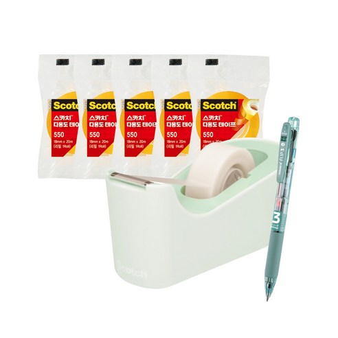 쓰리엠 스카치 탁상용 테이프 디스펜서 C18 + 다용도 테이프 리필 550 18mm x 20m 5p + 모나미 플립 3색 볼펜 0.5mm 세트, 민트(디스펜서), Sage Green(볼펜), 1세트