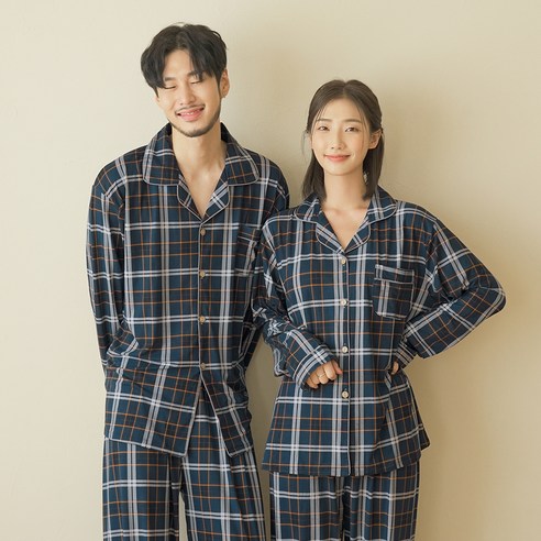 파란 커플용 피치기모 네오 체크 잠옷세트