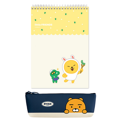 카카오프렌즈 모던st 미니 삼각 필통 + 상철 스프링 노트 문구세트, 네이비 라이언(필통), 리틀무지(스프링 노트), 1세트