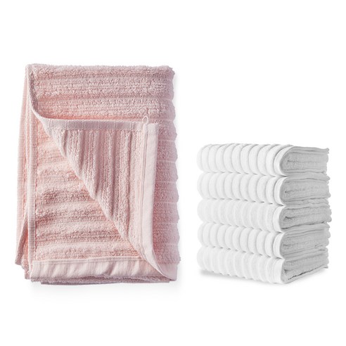 소프트터치 데일리 퓨어 세면타월 115g 30수 면사 5p + 퓨어 바스타올, 세면타올(화이트), 바스타올(핑크), 1세트