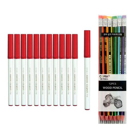 동아 네임CD펜 12p + 투코비 삼각 지우개 연필 SG-208 12p 세트, 적색(CD펜), 혼합색상(지우개연필), 1세트