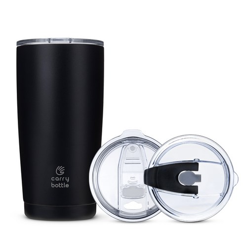 캐리보틀 스탠다드 스테인레스 보온보냉 텀블러 + 플립 빨대 뚜껑, 블랙, 600ml