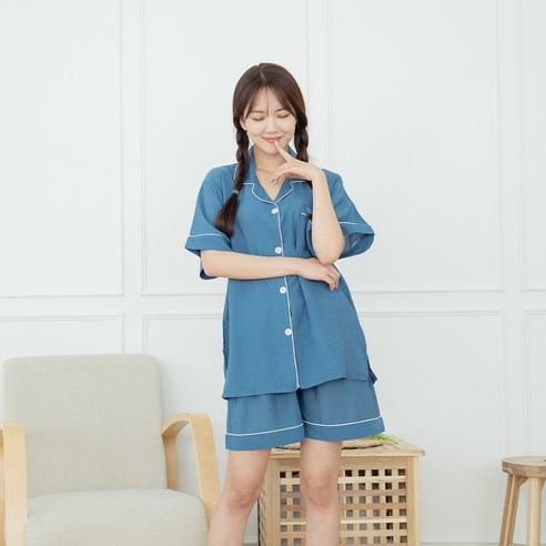 씨엘스토리 여성용 마린블루 인견 반팔잠옷 상하세트