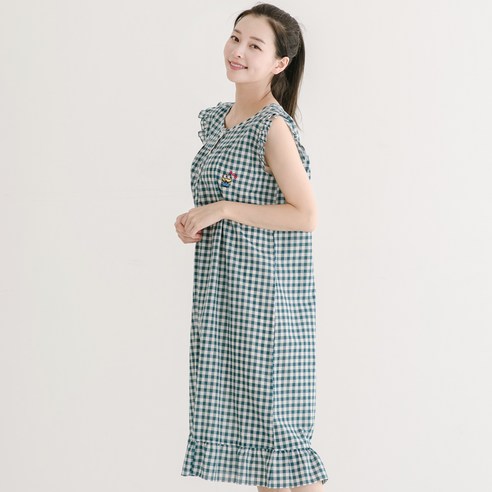 여성용 40수 순면 미니언즈 체크 나시 원피스잠옷