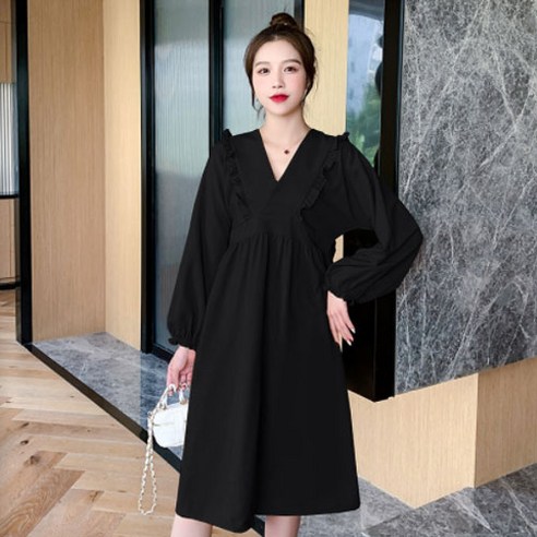V넥 프릴 긴팔 임산부 원피스